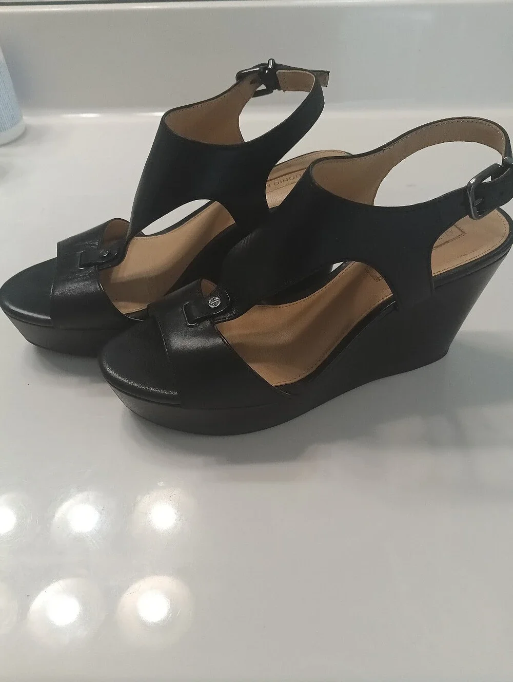 Antonio Melani Black Leather Platform Wedge Sandals Size 6.5 Ankle Strap